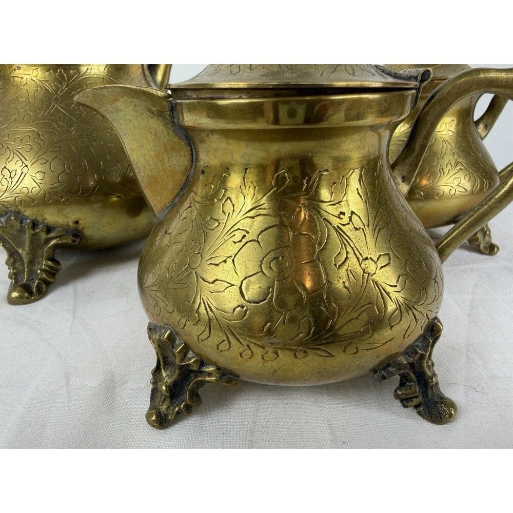 Vintage Brass Tea Set Teapot Creamer Sugar Bowl Detailed Floral Etching